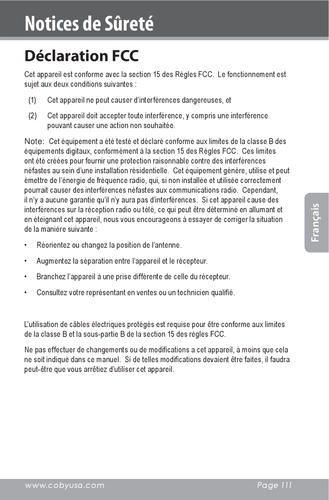 COBY electronic CXR190-1G instruction manual Déclaration FCC 