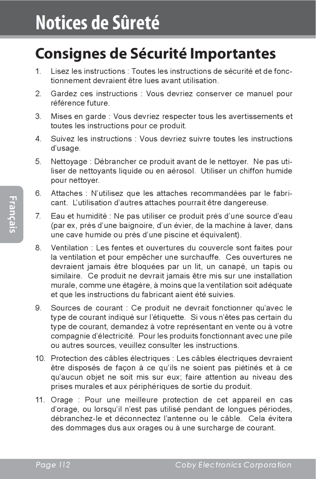 COBY electronic CXR190-1G instruction manual Consignes de Sécurité Importantes 