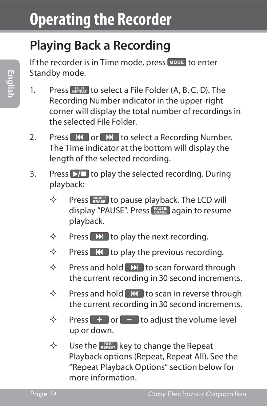 COBY electronic CXR190-1G instruction manual Playing Back a Recording 