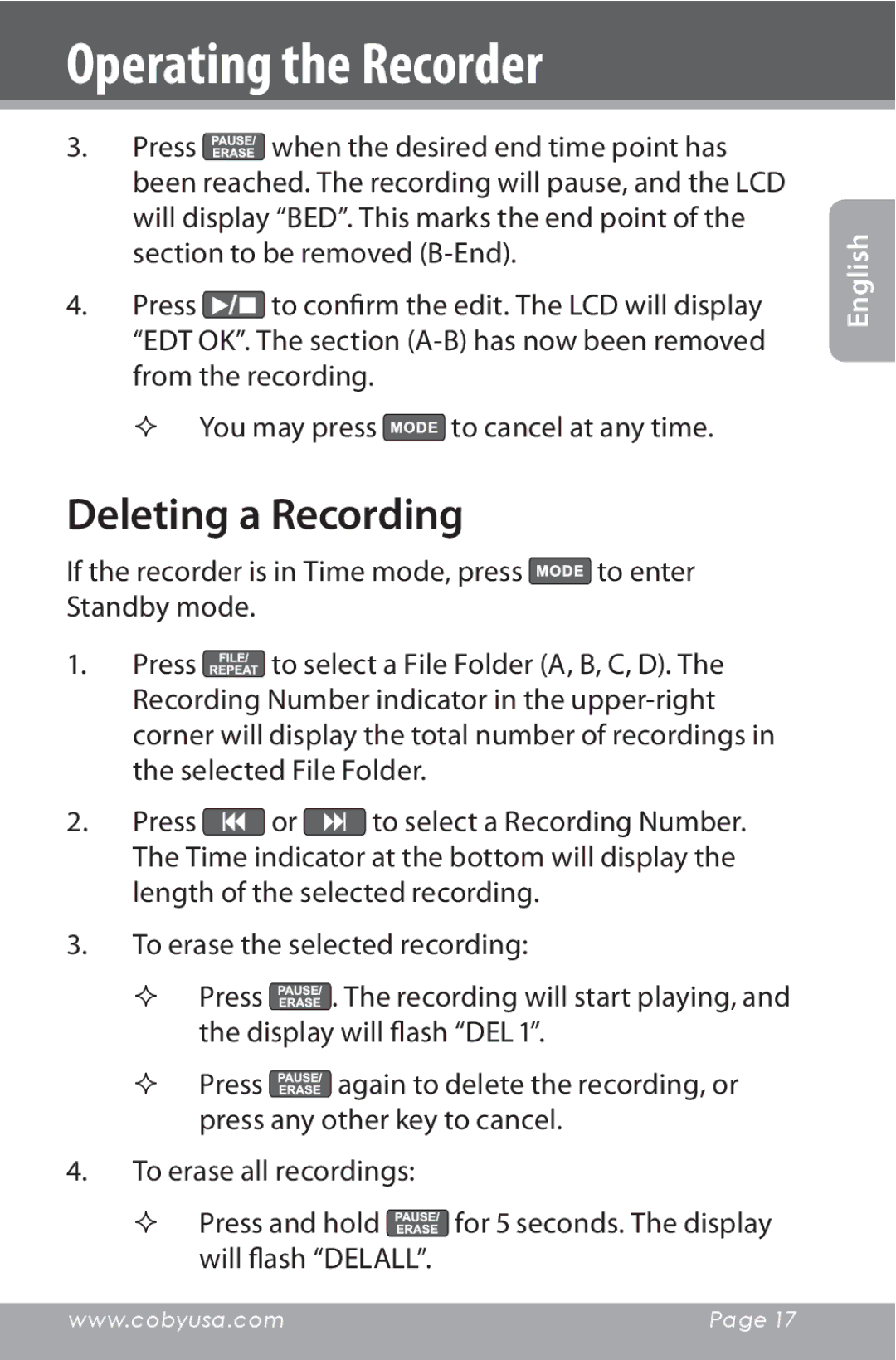 COBY electronic CXR190-1G instruction manual Deleting a Recording 