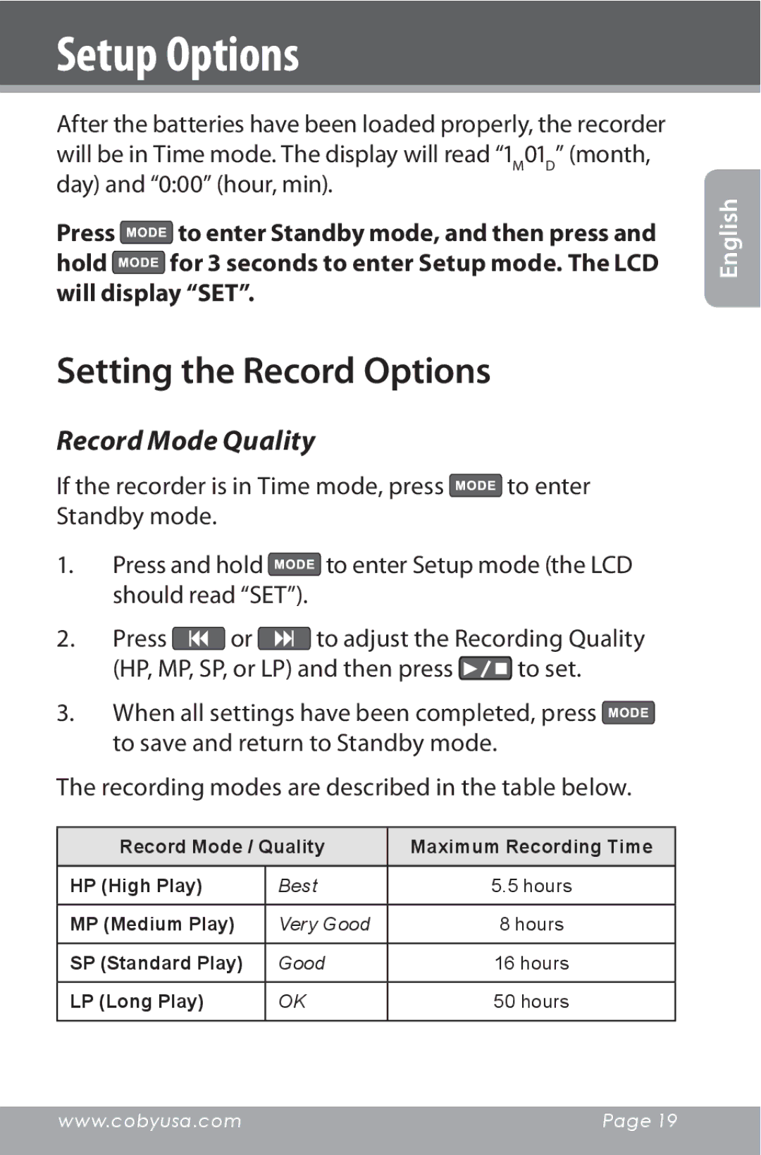 COBY electronic CXR190-1G instruction manual Setup Options, Setting the Record Options, Record Mode Quality 