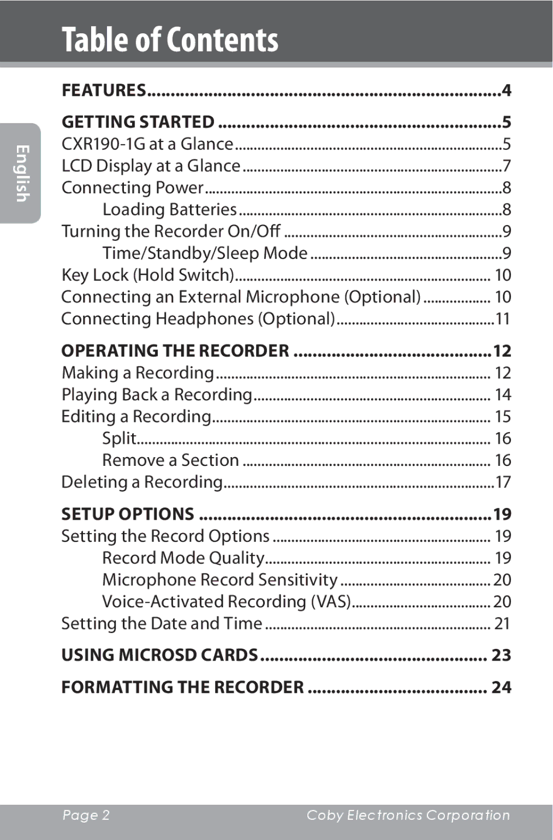 COBY electronic CXR190-1G instruction manual Table of Contents 