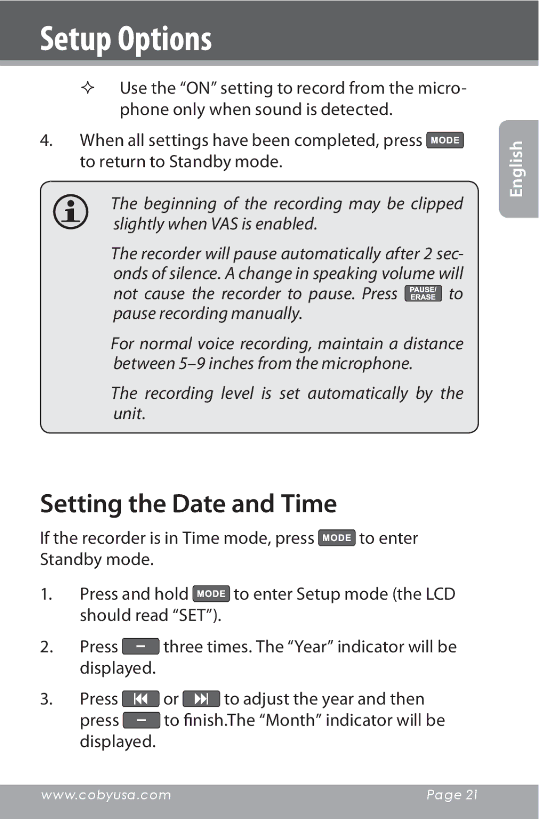 COBY electronic CXR190-1G instruction manual Setting the Date and Time 