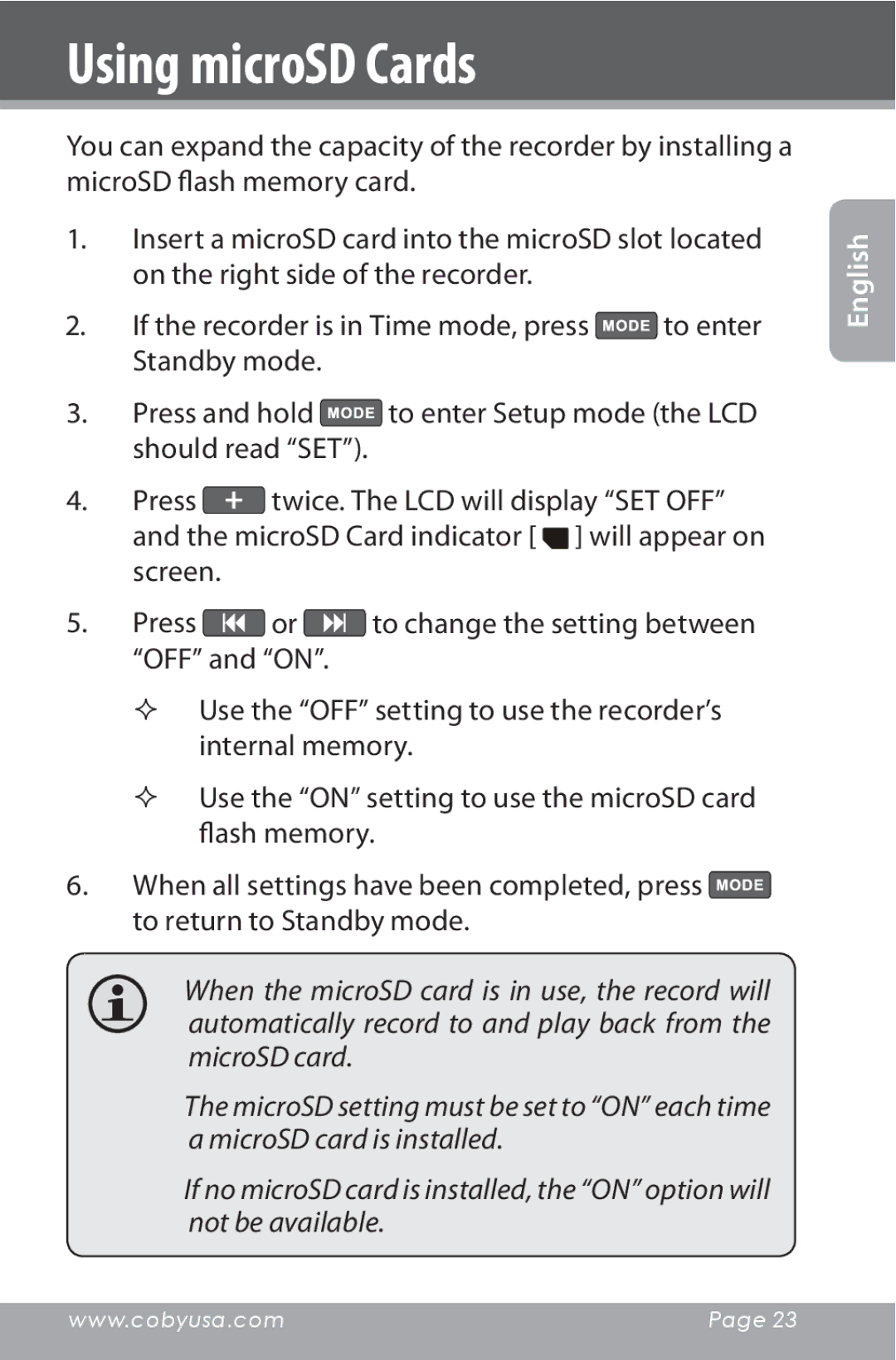 COBY electronic CXR190-1G instruction manual Using microSD Cards 