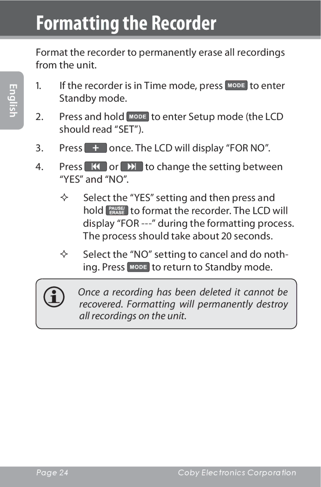 COBY electronic CXR190-1G instruction manual Formatting the Recorder 