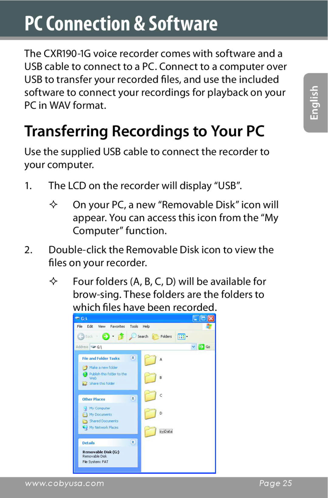 COBY electronic CXR190-1G instruction manual PC Connection & Software, Transferring Recordings to Your PC 