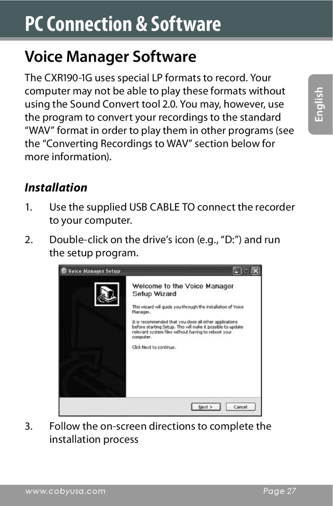 COBY electronic CXR190-1G instruction manual Voice Manager Software, Installation 