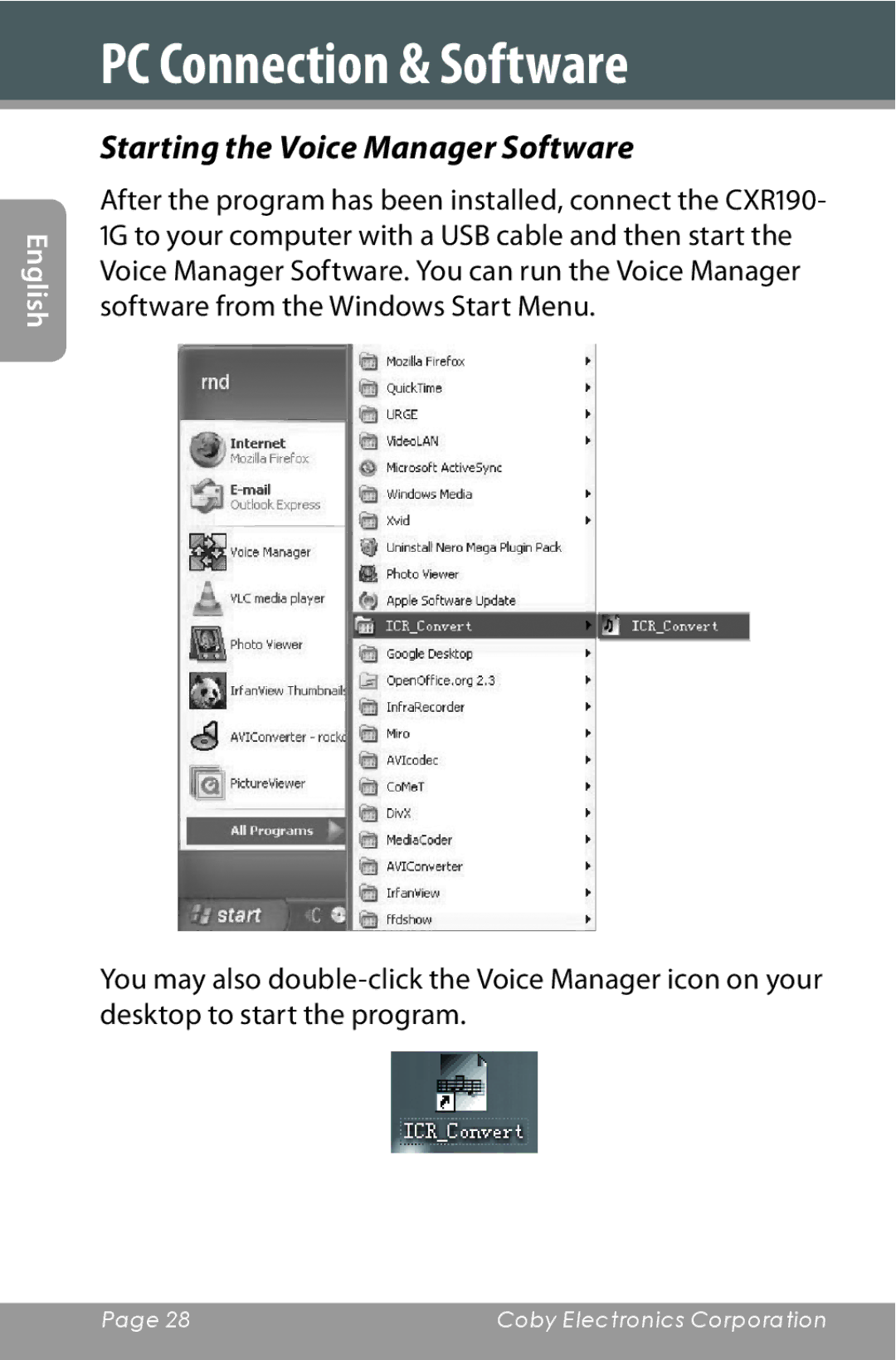 COBY electronic CXR190-1G instruction manual Starting the Voice Manager Software 