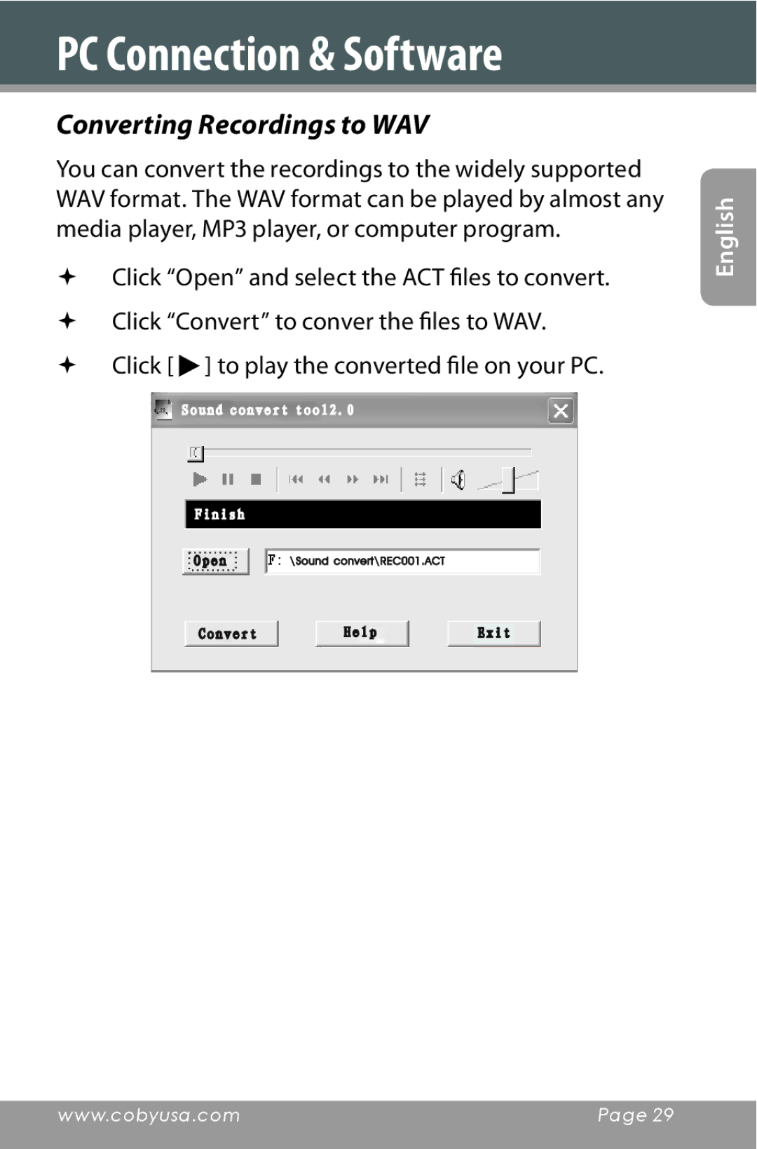 COBY electronic CXR190-1G instruction manual Converting Recordings to WAV,  Click to play the converted file on your PC 