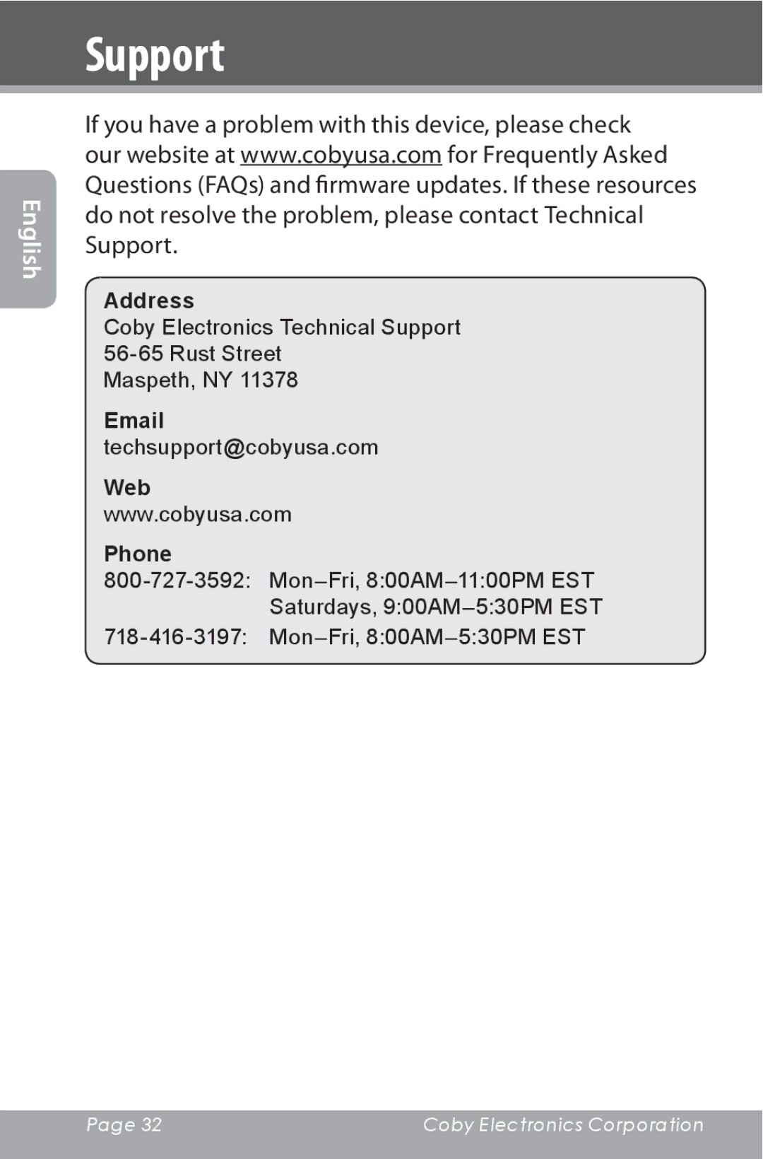 COBY electronic CXR190-1G instruction manual Support, Web Phone 