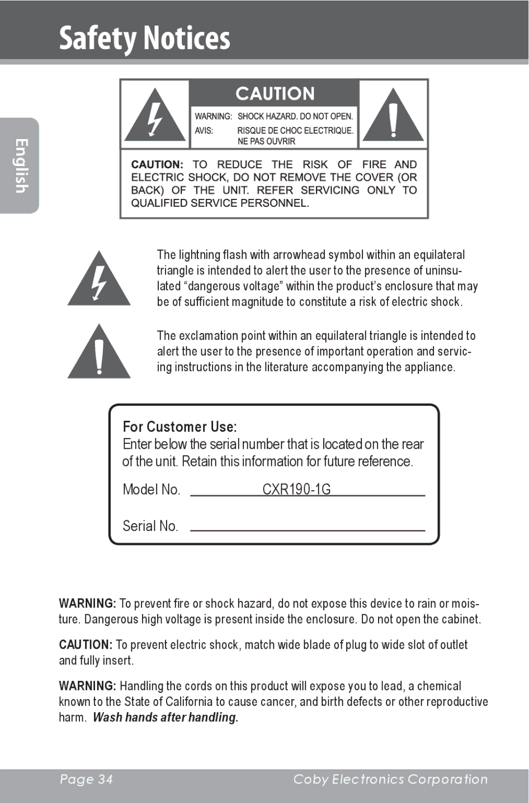 COBY electronic CXR190-1G instruction manual Safety Notices, For Customer Use 