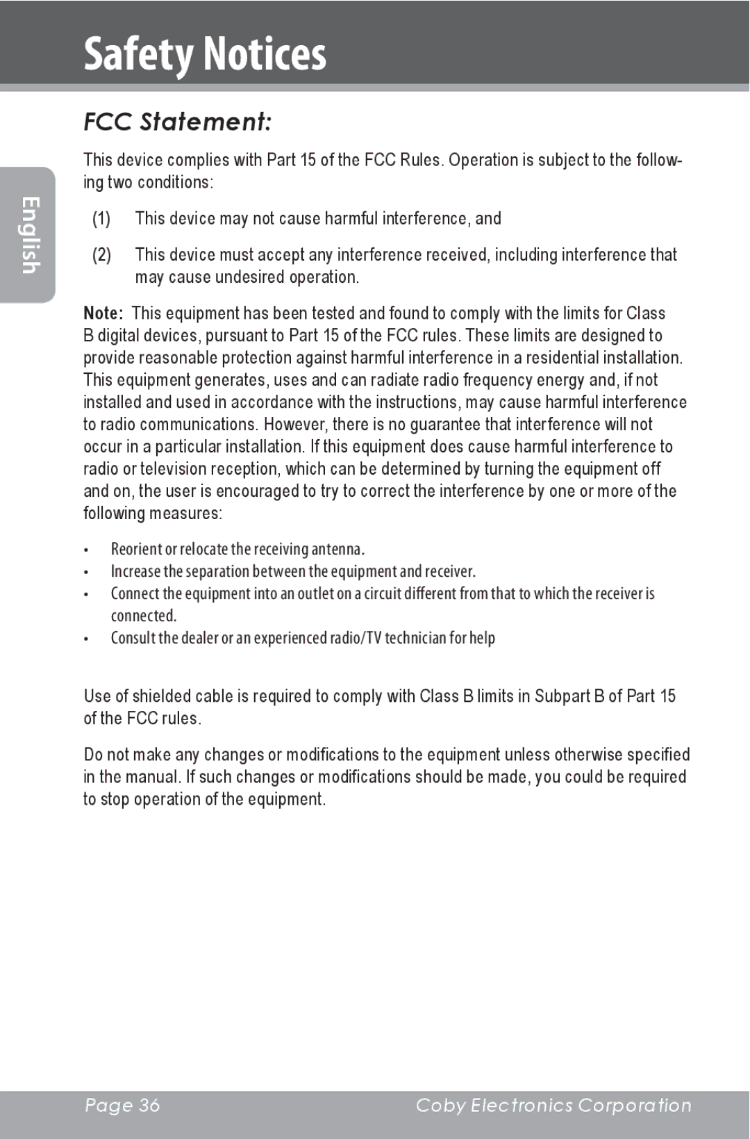 COBY electronic CXR190-1G instruction manual FCC Statement 