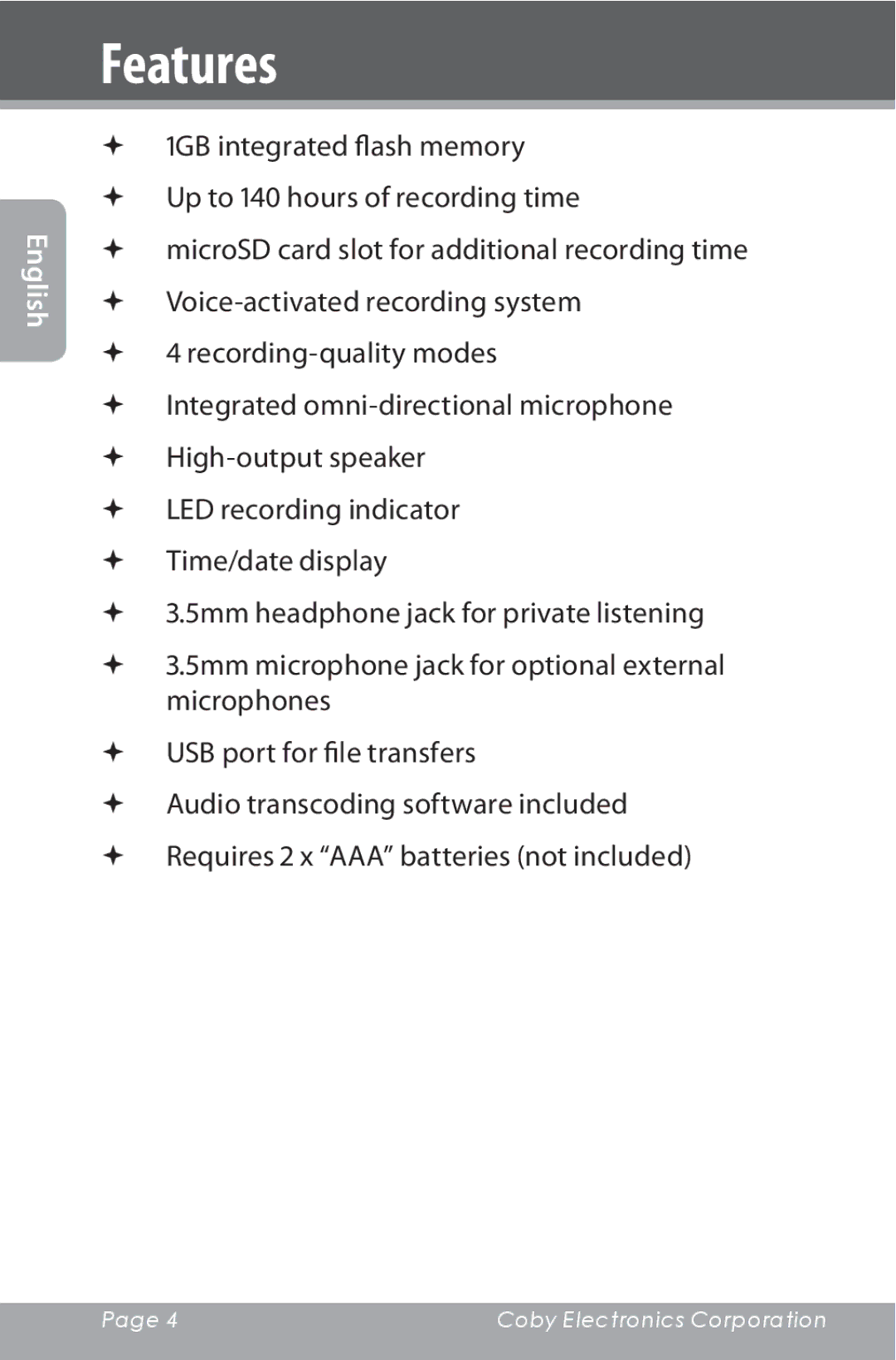 COBY electronic CXR190-1G instruction manual Features 