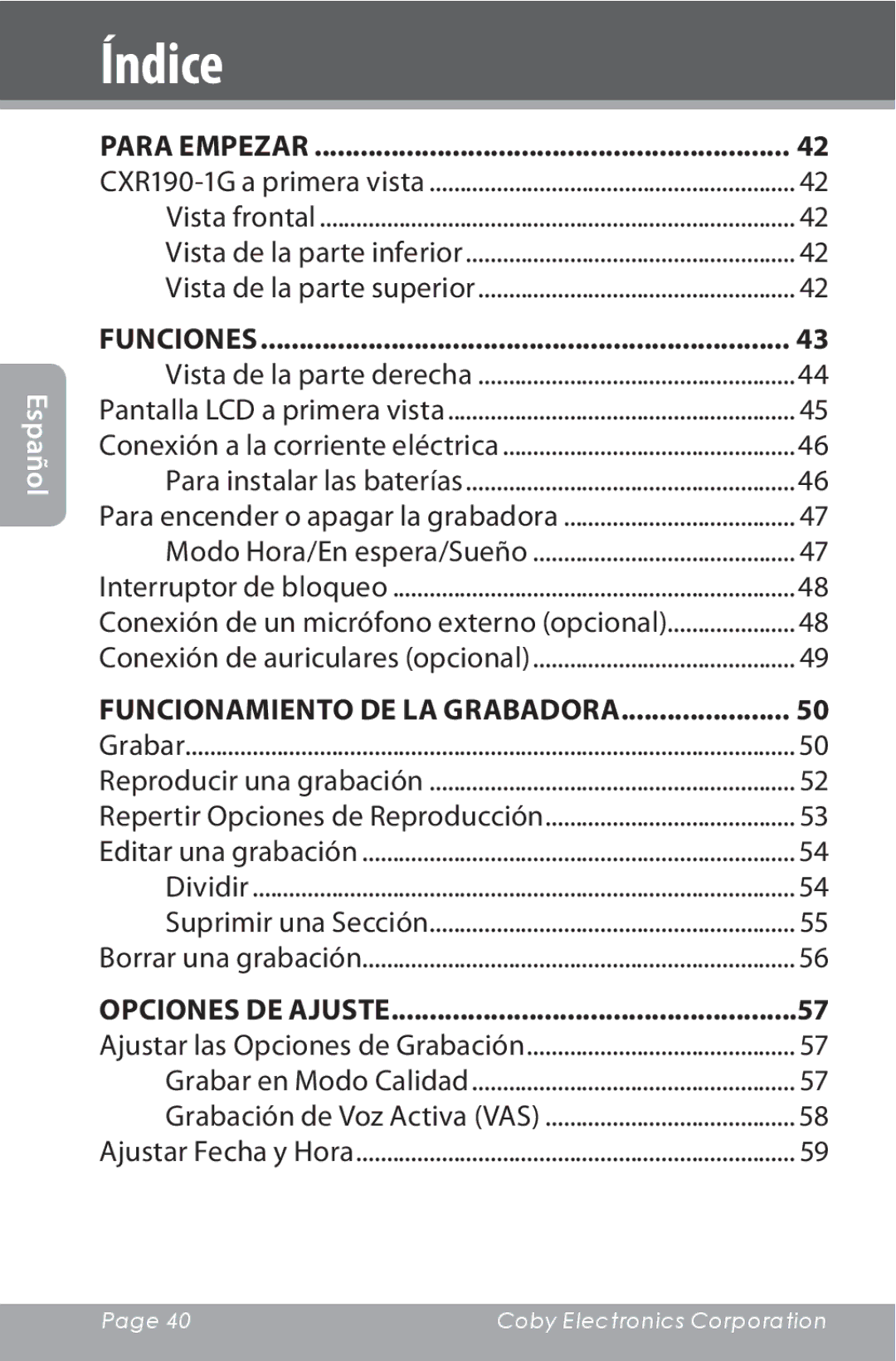 COBY electronic CXR190-1G instruction manual Índice, Para Empezar 