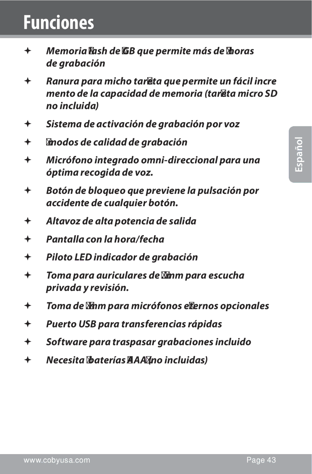 COBY electronic CXR190-1G instruction manual Funciones 