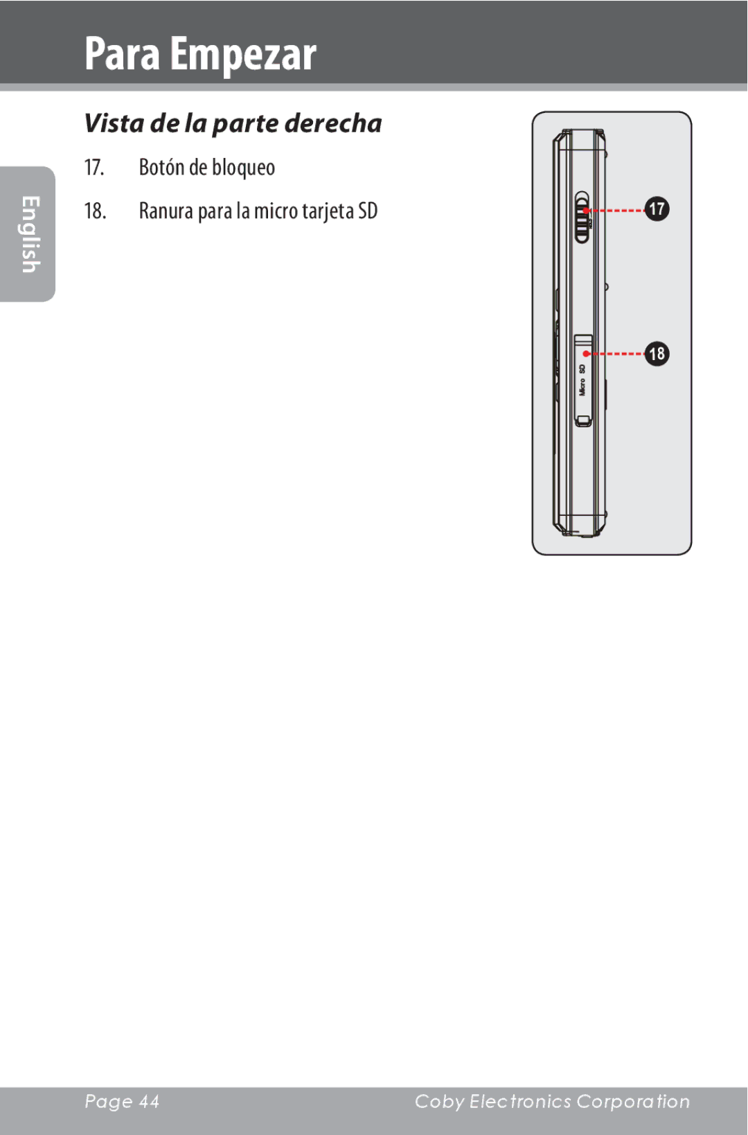 COBY electronic CXR190-1G instruction manual Vista de la parte derecha, Botón de bloqueo Ranura para la micro tarjeta SD 