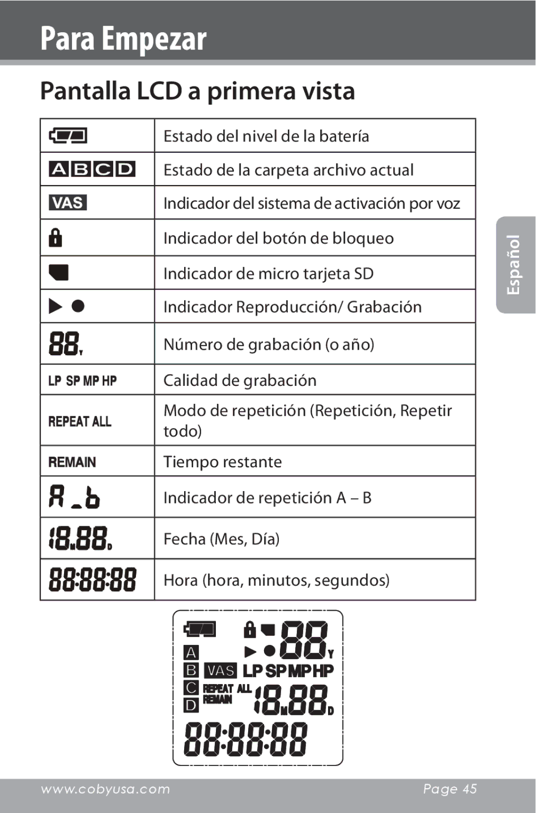 COBY electronic CXR190-1G instruction manual Pantalla LCD a primera vista 