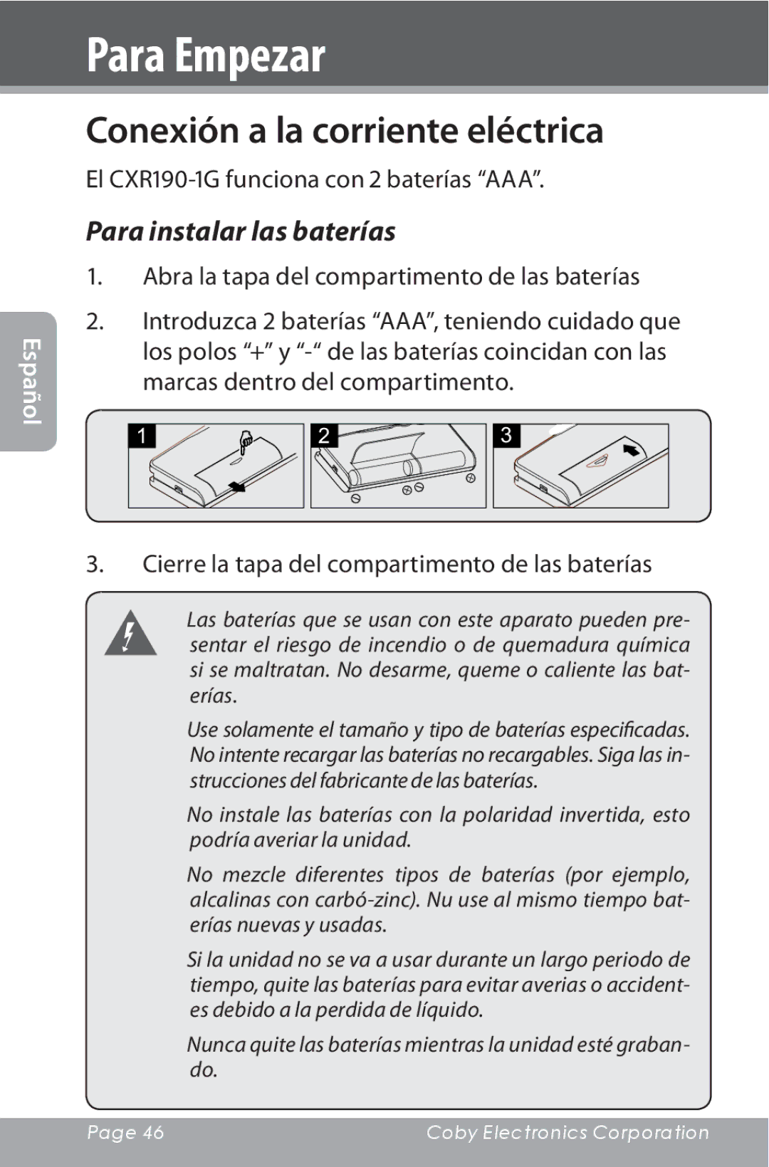 COBY electronic CXR190-1G Conexión a la corriente eléctrica, Para instalar las baterías, Marcas dentro del compartimento 