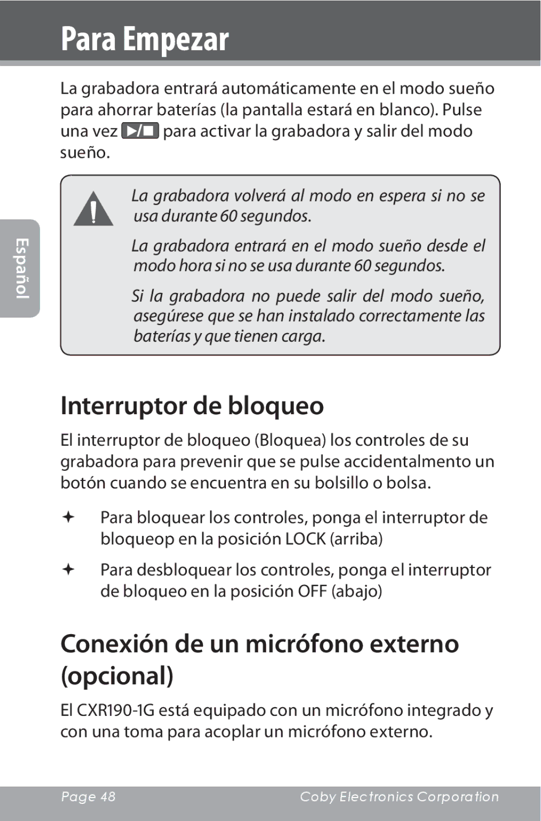 COBY electronic CXR190-1G instruction manual Interruptor de bloqueo, Conexión de un micrófono externo opcional 