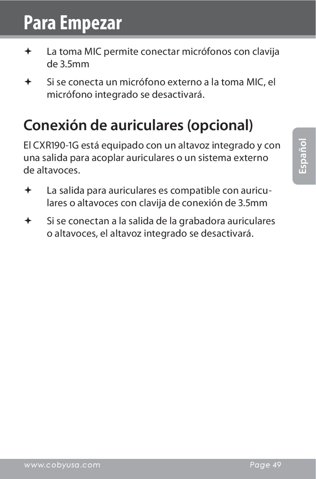 COBY electronic CXR190-1G instruction manual Conexión de auriculares opcional 