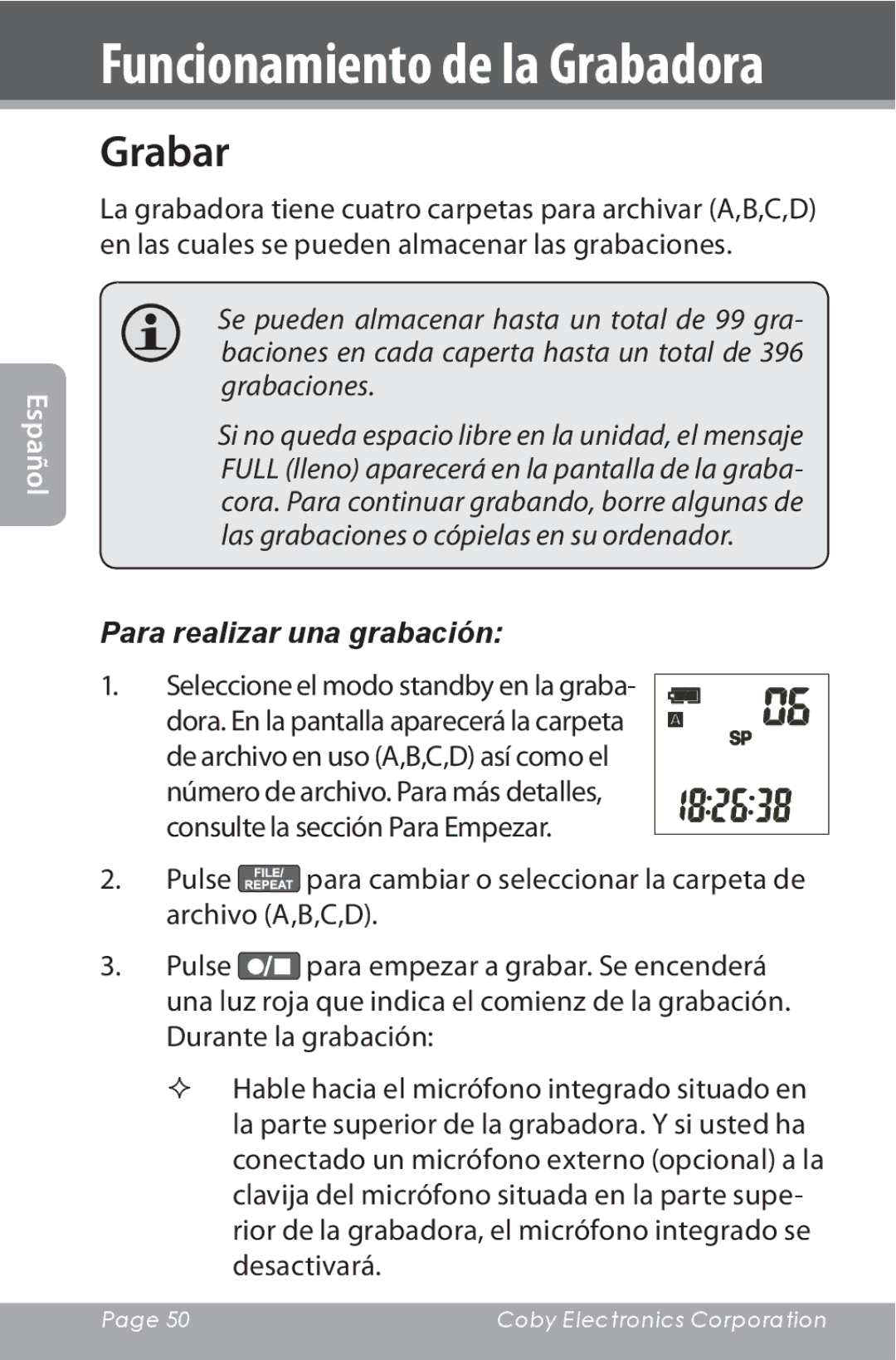 COBY electronic CXR190-1G instruction manual Grabar, Seleccione el modo standby en la graba 