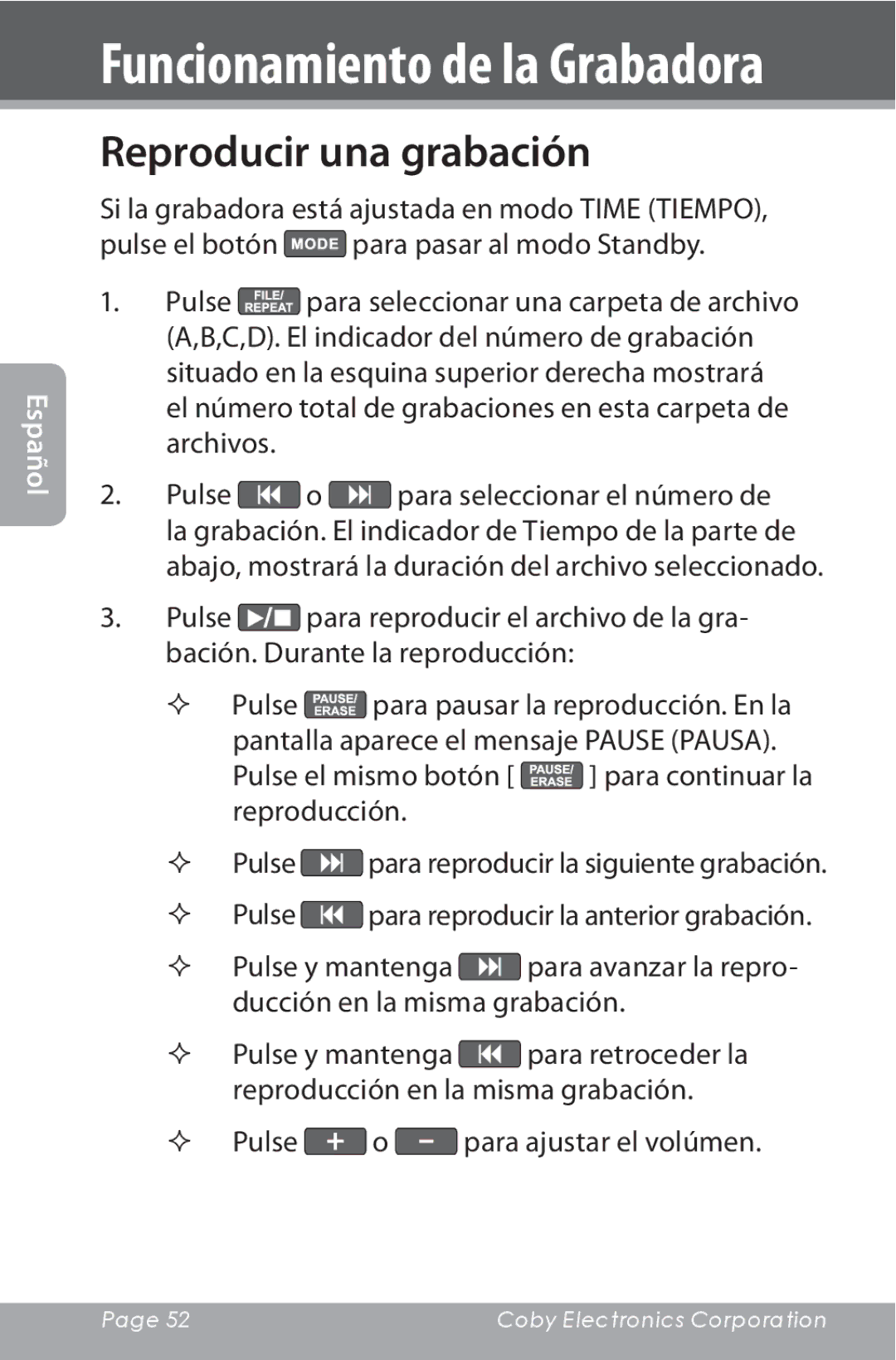 COBY electronic CXR190-1G instruction manual Reproducir una grabación 