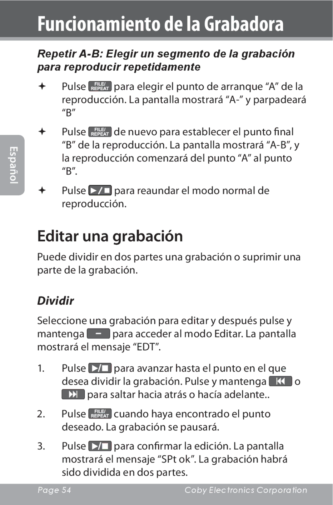 COBY electronic CXR190-1G instruction manual Editar una grabación, Dividir 