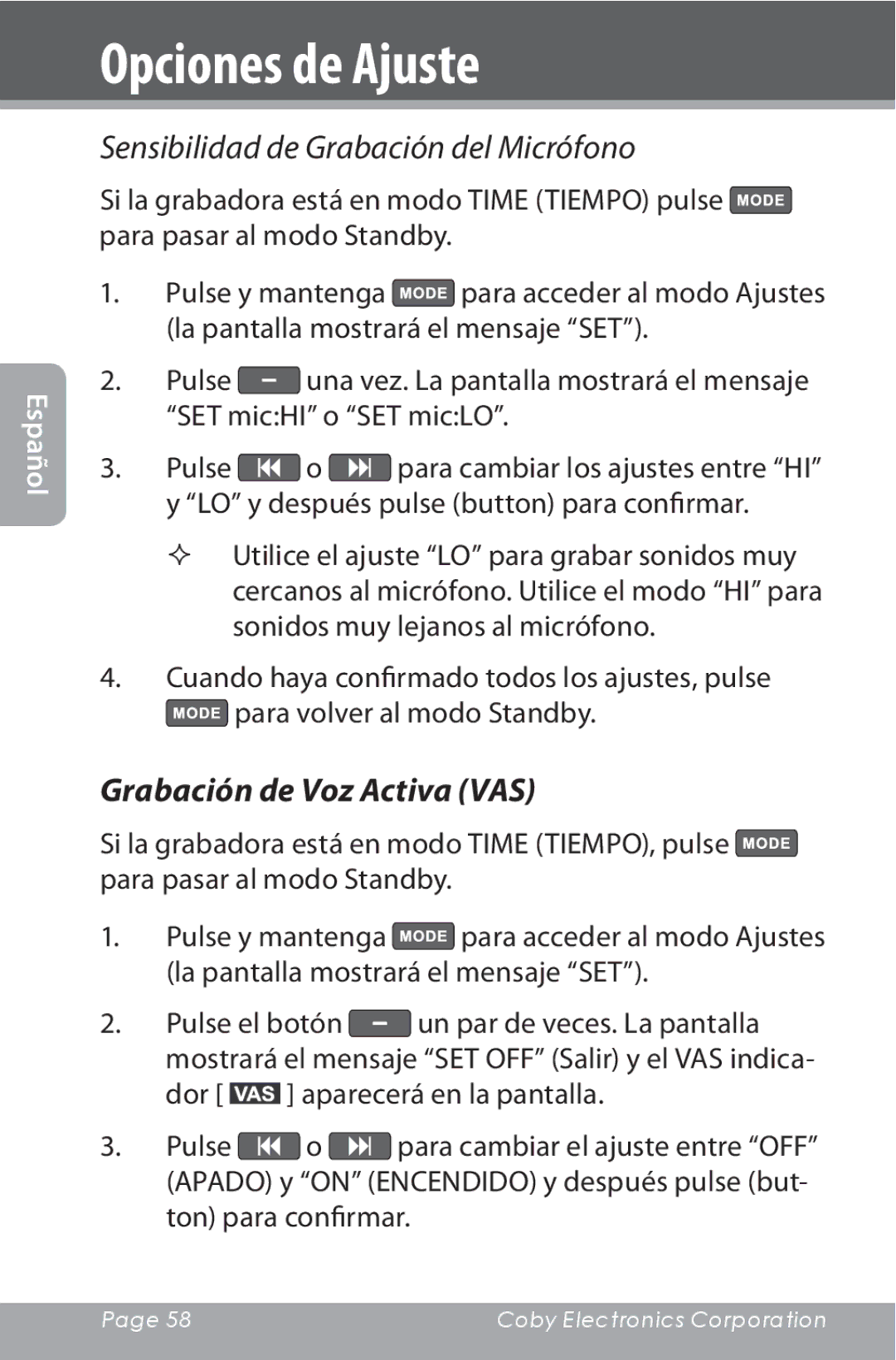 COBY electronic CXR190-1G instruction manual Sensibilidad de Grabación del Micrófono, Grabación de Voz Activa VAS 