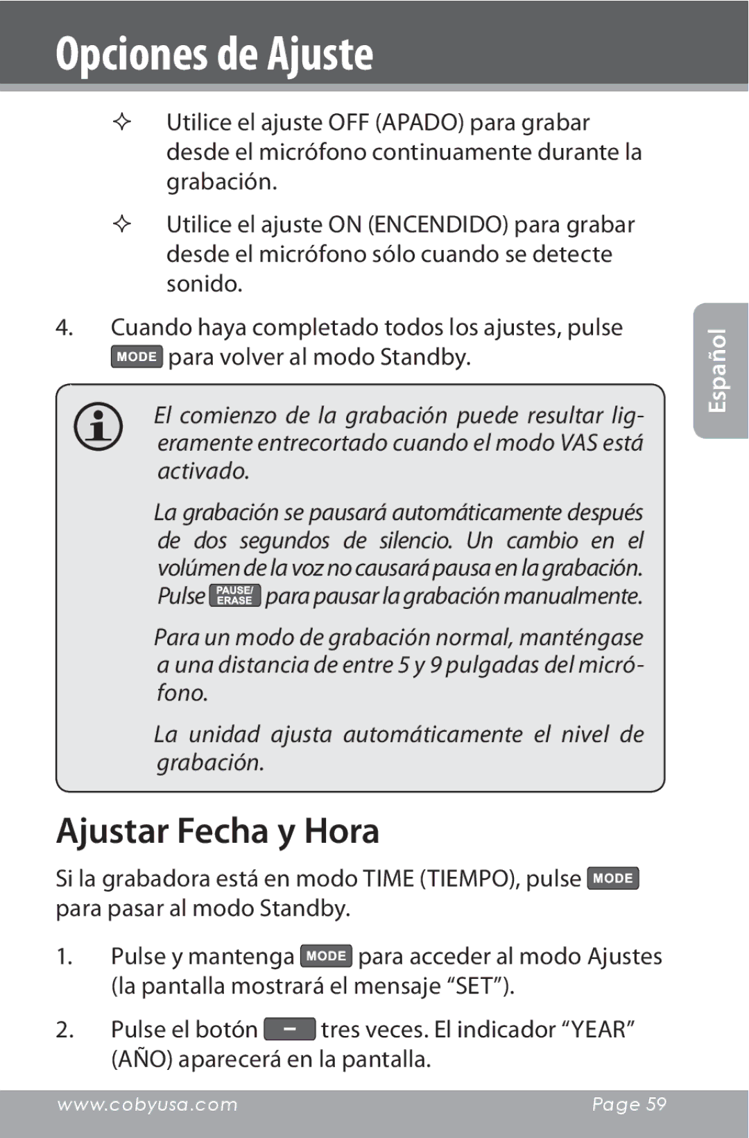 COBY electronic CXR190-1G instruction manual Ajustar Fecha y Hora 