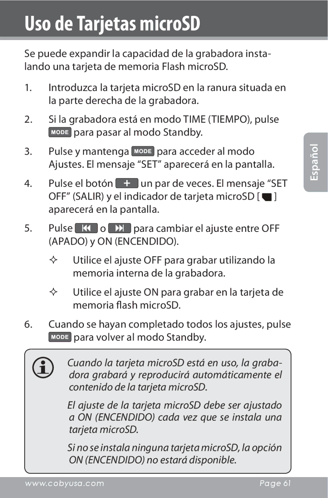 COBY electronic CXR190-1G instruction manual Uso de Tarjetas microSD 