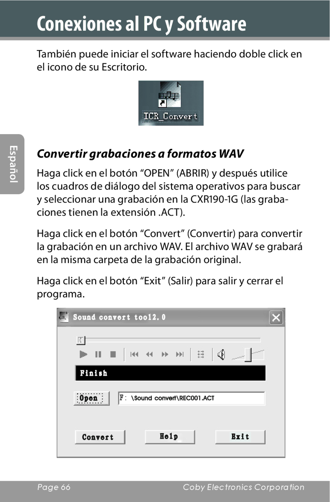 COBY electronic CXR190-1G instruction manual Convertir grabaciones a formatos WAV 