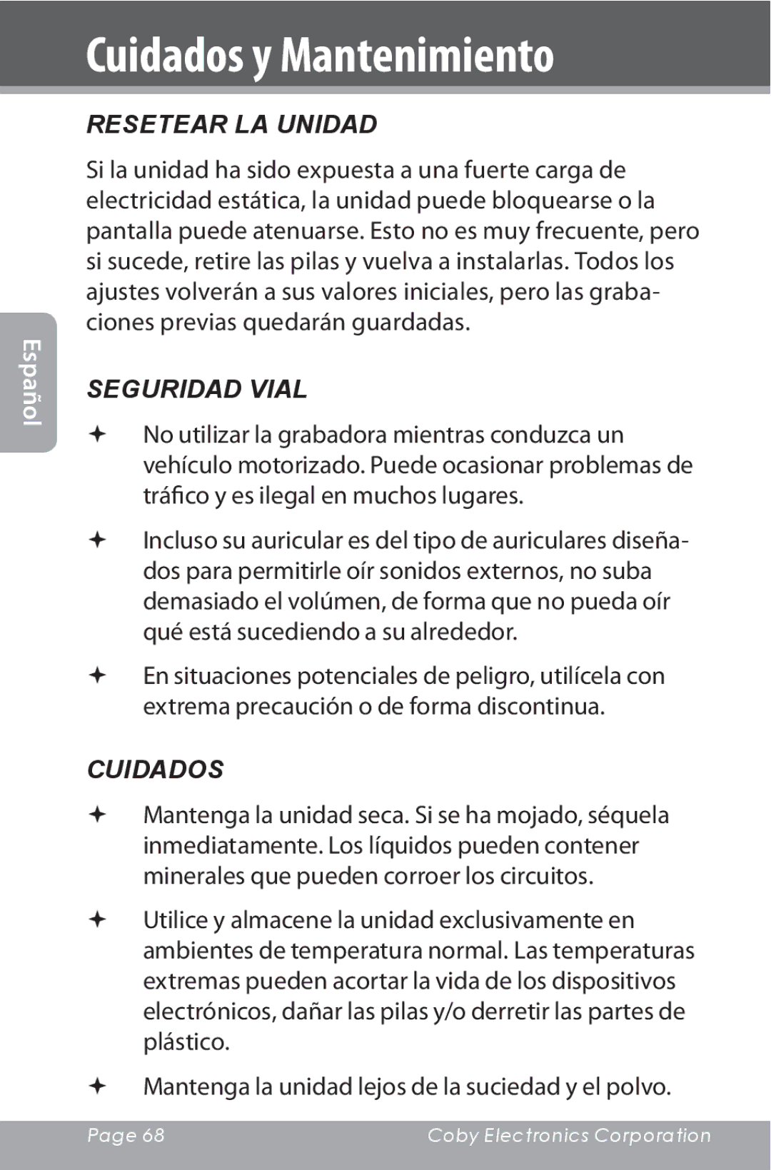 COBY electronic CXR190-1G instruction manual Cuidados y Mantenimiento, Resetear LA Unidad 