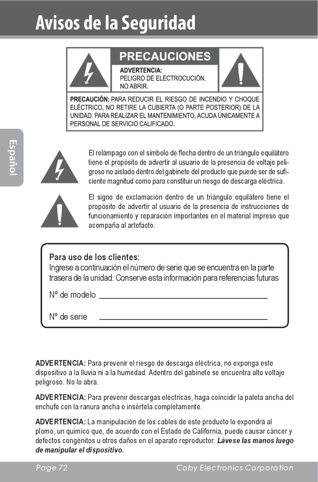 COBY electronic CXR190-1G instruction manual Avisos de la Seguridad, Para uso de los clientes 