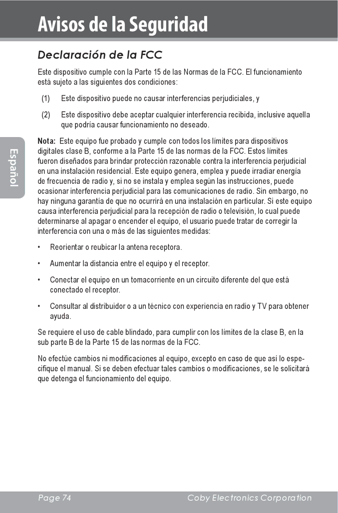 COBY electronic CXR190-1G instruction manual Declaración de la FCC 