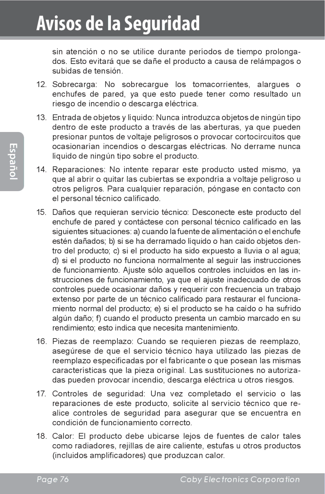 COBY electronic CXR190-1G instruction manual Avisos de la Seguridad 