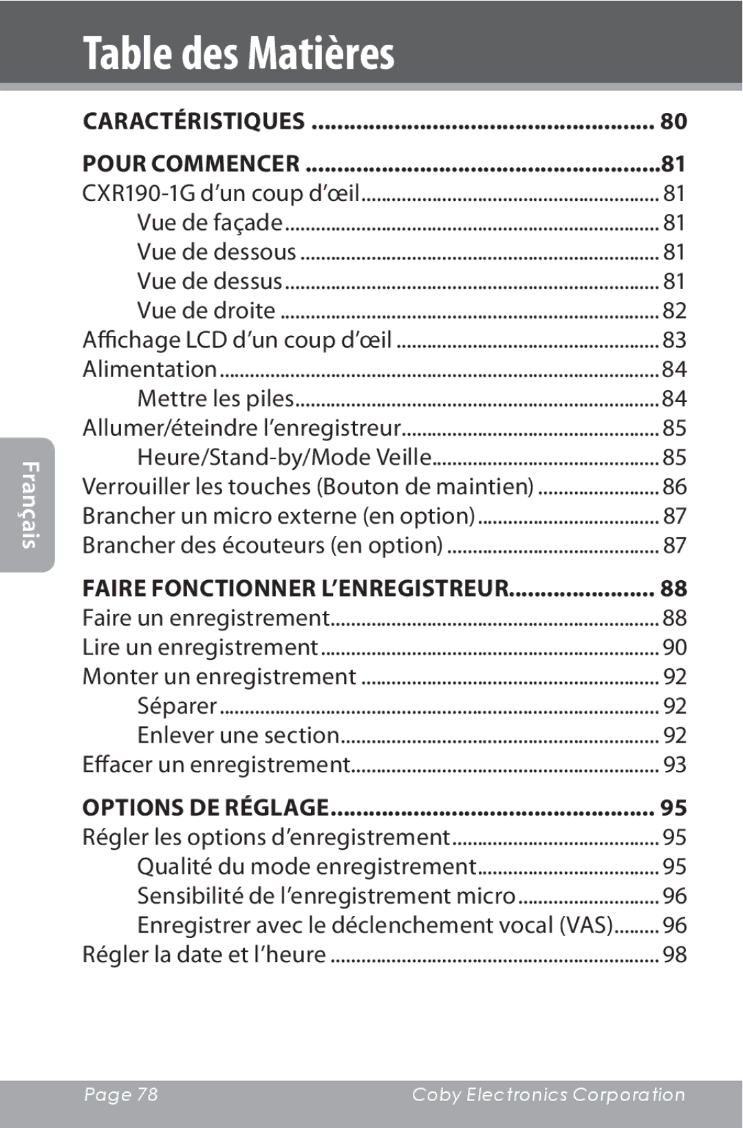 COBY electronic CXR190-1G instruction manual Table des Matières, Caractéristiques 