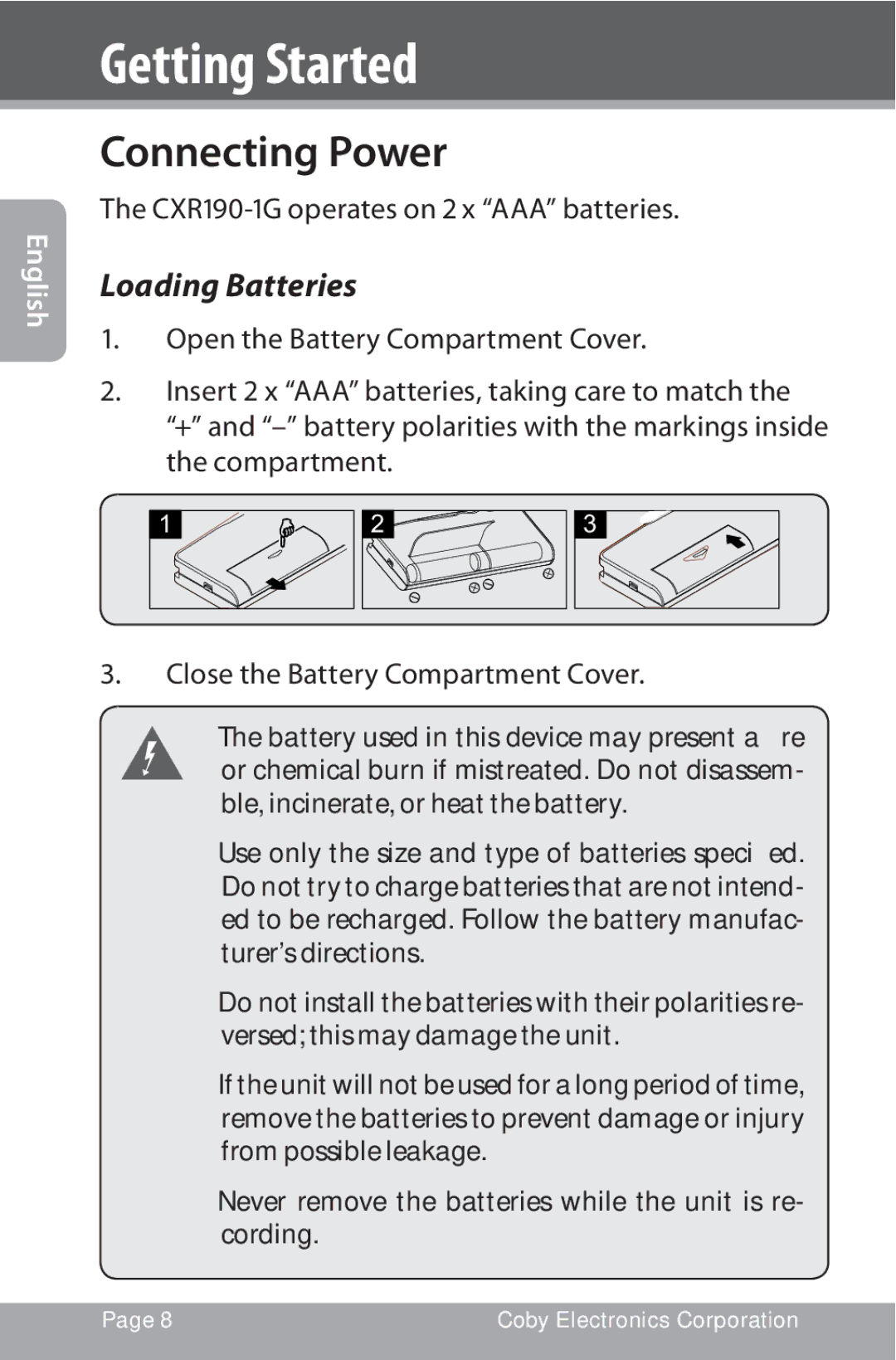 COBY electronic instruction manual Connecting Power, Loading Batteries, CXR190-1G operates on 2 x AAA batteries 