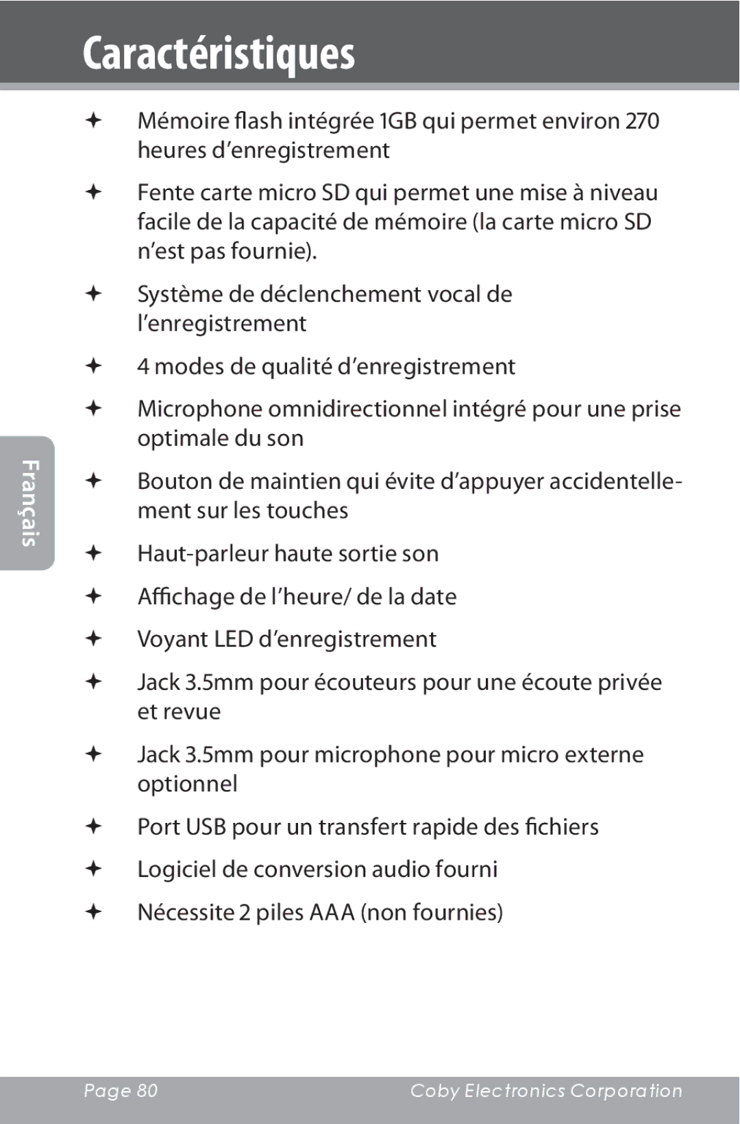 COBY electronic CXR190-1G instruction manual Caractéristiques 