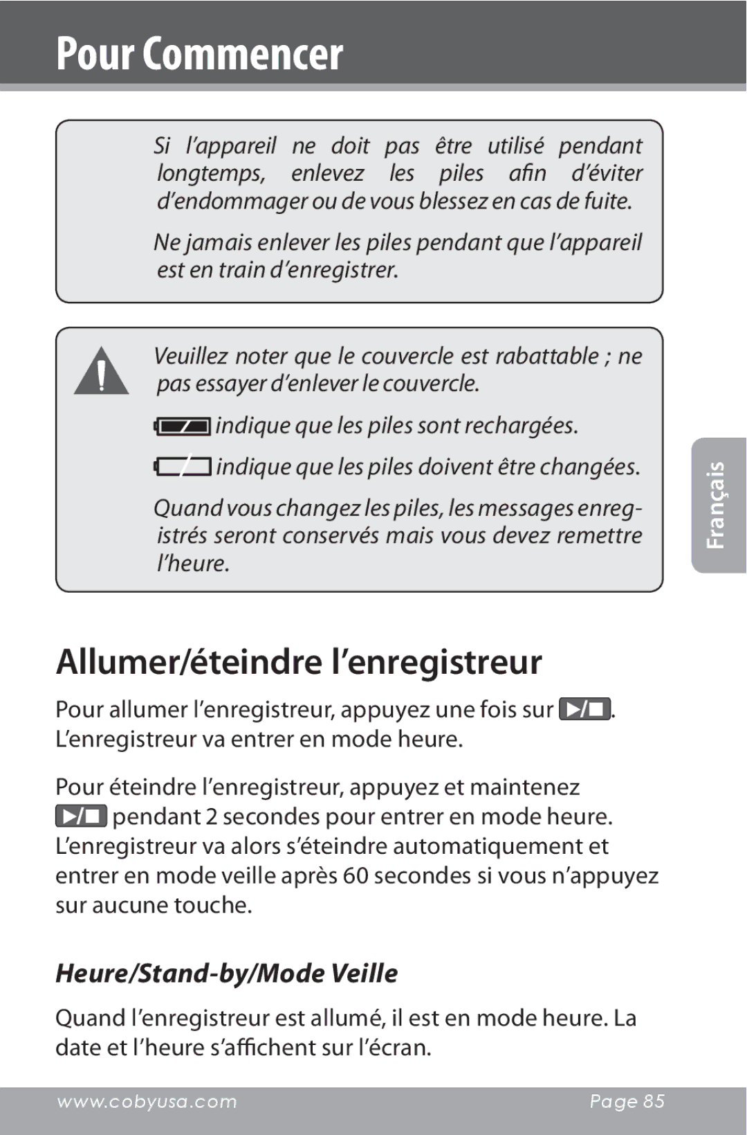 COBY electronic CXR190-1G instruction manual Allumer/éteindre l’enregistreur, Heure/Stand-by/Mode Veille 