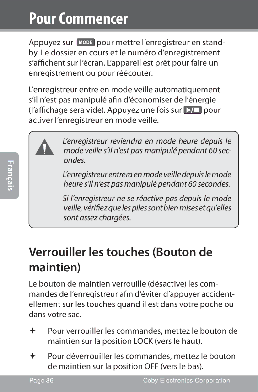 COBY electronic CXR190-1G instruction manual Verrouiller les touches Bouton de maintien 