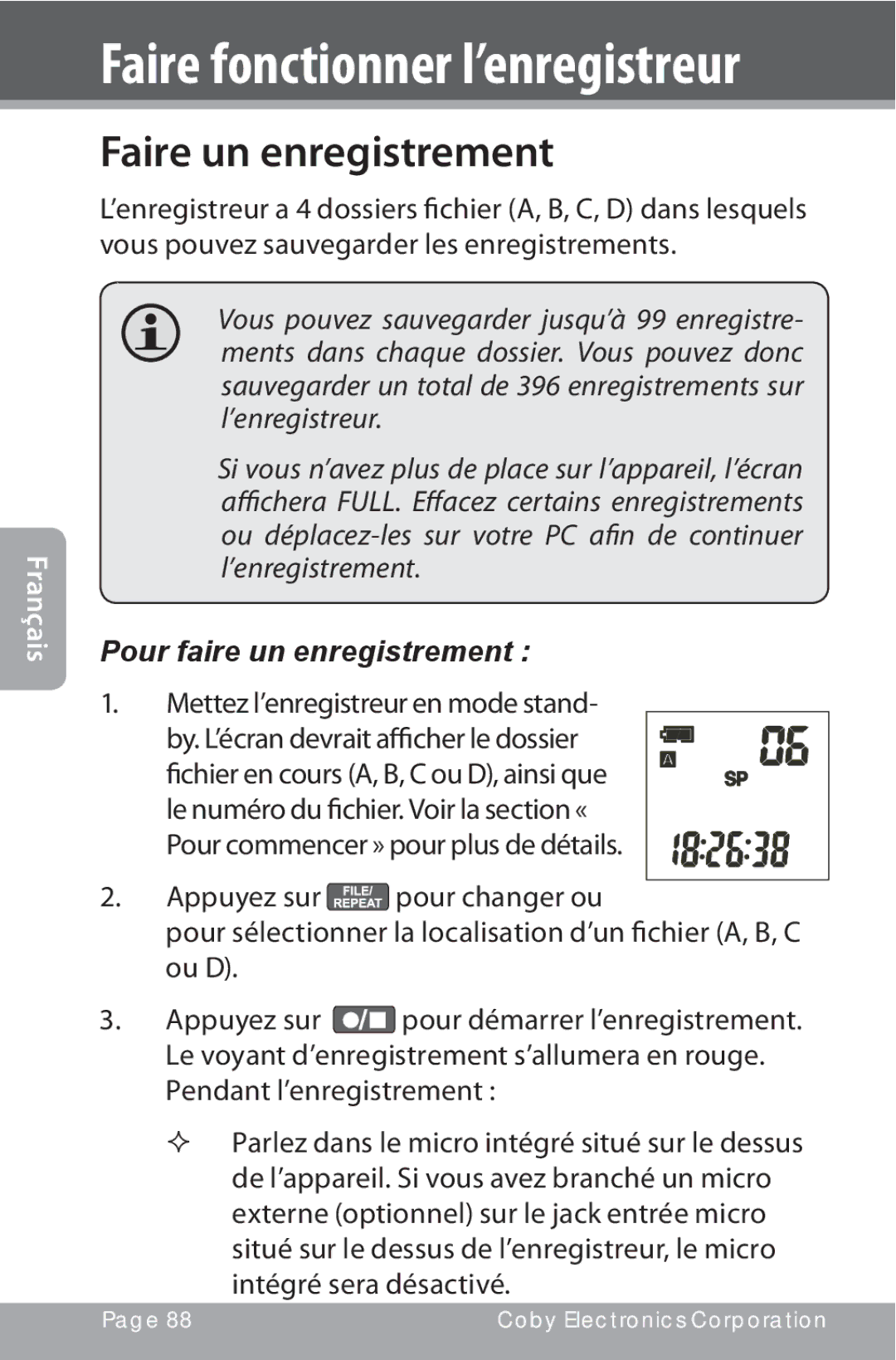 COBY electronic CXR190-1G instruction manual Faire fonctionner l’enregistreur, Faire un enregistrement 