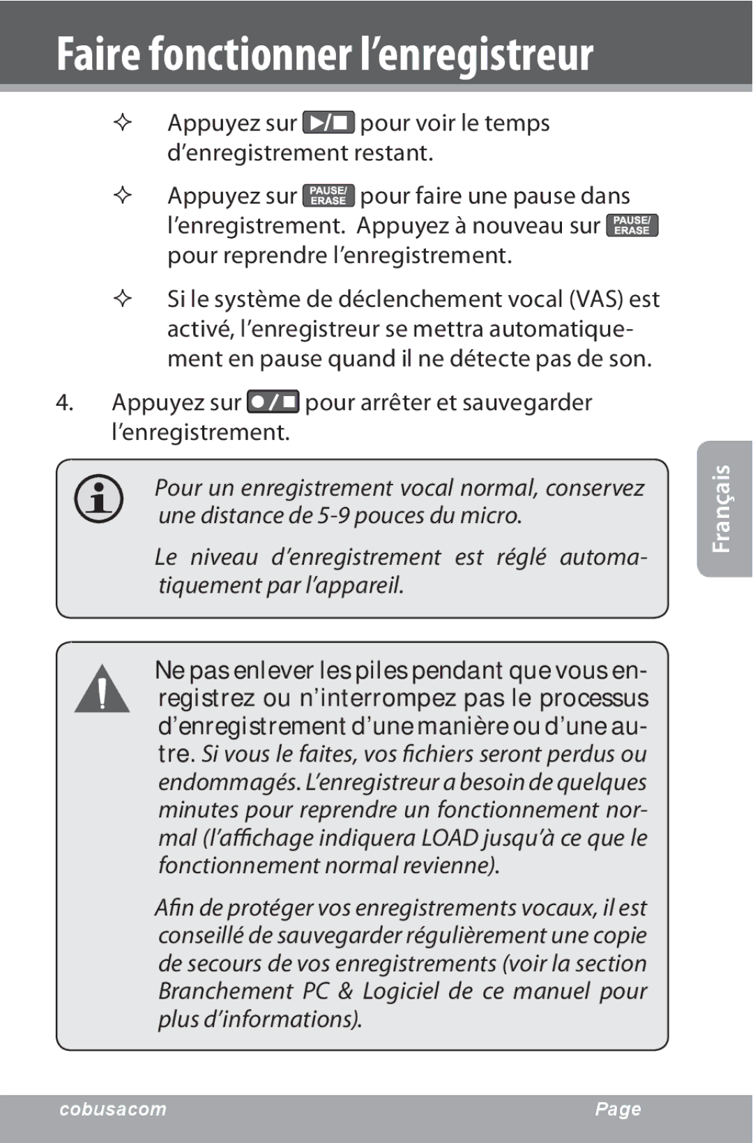 COBY electronic CXR190-1G instruction manual Appuyez sur pour arrêter et sauvegarder l’enregistrement 