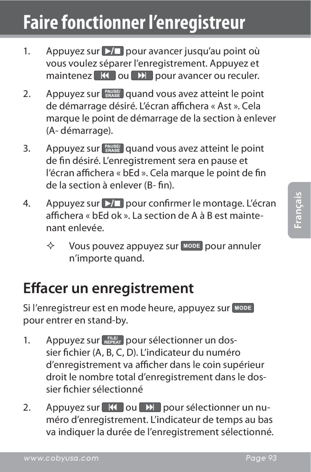 COBY electronic CXR190-1G instruction manual Effacer un enregistrement 