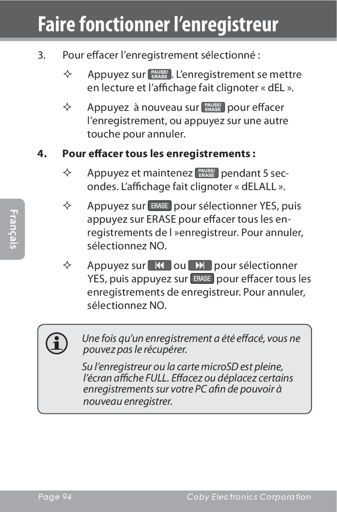 COBY electronic CXR190-1G Pour effacer l’enregistrement sélectionné, Pour effacer tous les enregistrements 