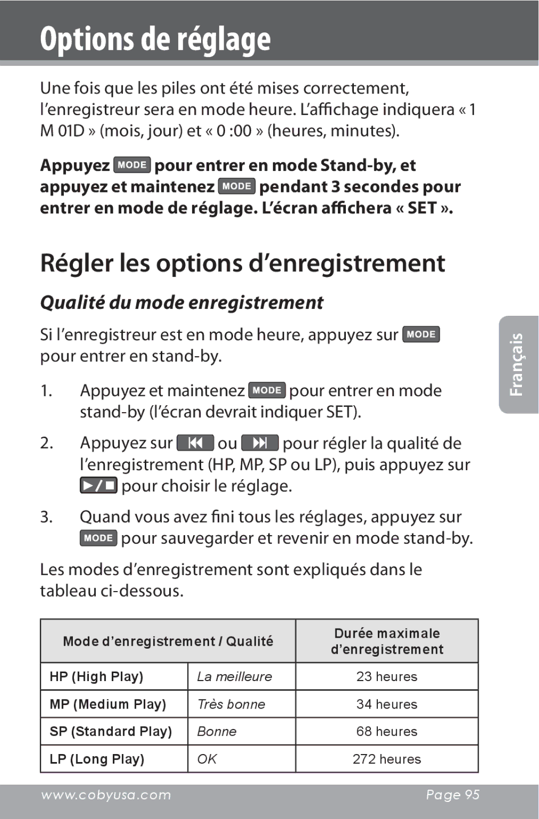 COBY electronic CXR190-1G Options de réglage, Régler les options d’enregistrement, Qualité du mode enregistrement 