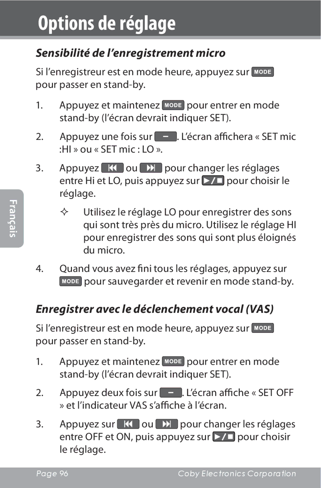 COBY electronic CXR190-1G Sensibilité de l’enregistrement micro, Enregistrer avec le déclenchement vocal VAS 