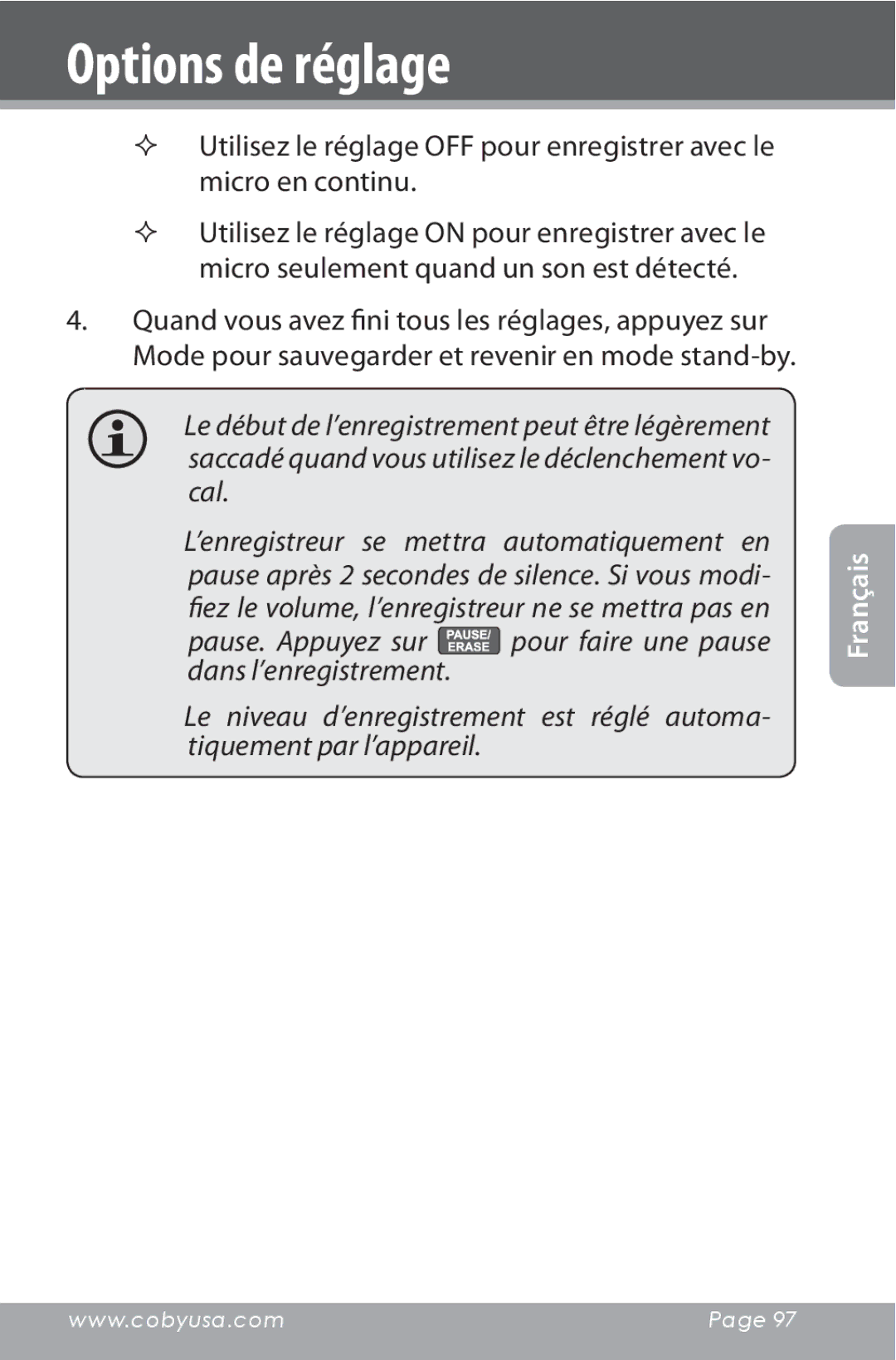 COBY electronic CXR190-1G instruction manual Options de réglage 