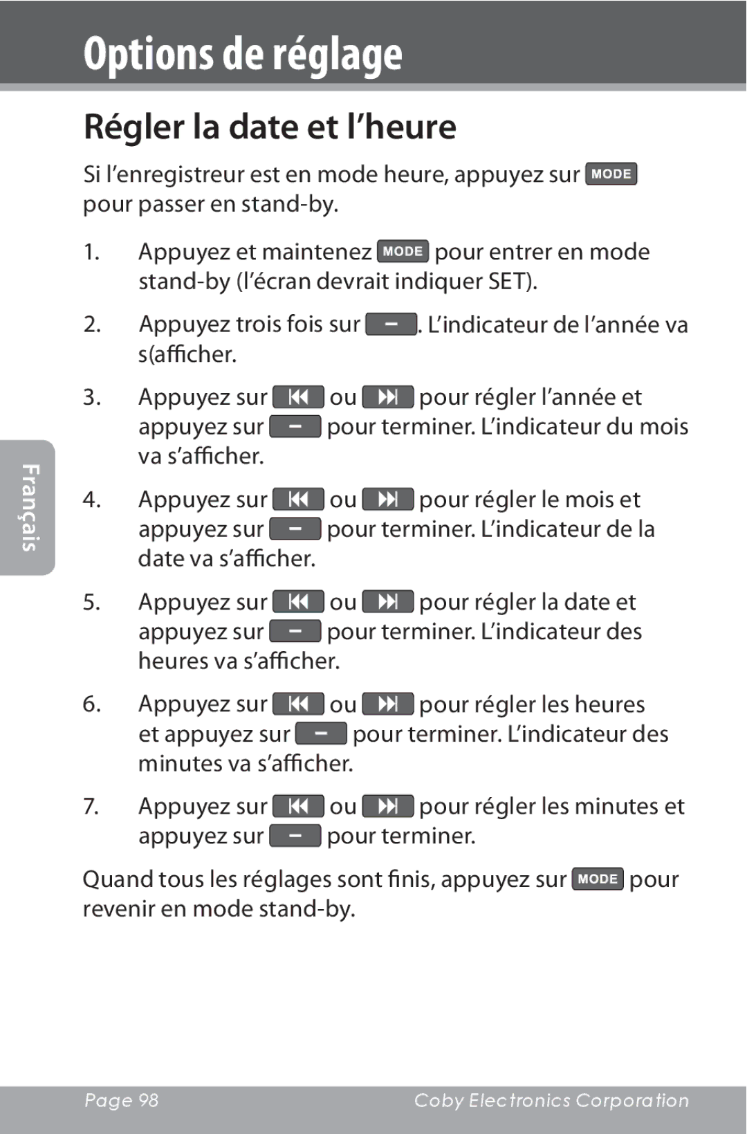 COBY electronic CXR190-1G instruction manual Régler la date et l’heure 