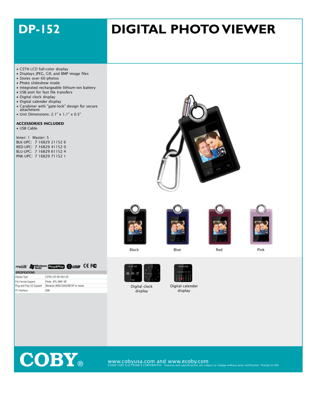 COBY electronic specifications DP-152DIGITAL Photo Viewer, Accessories Included, Specifications 