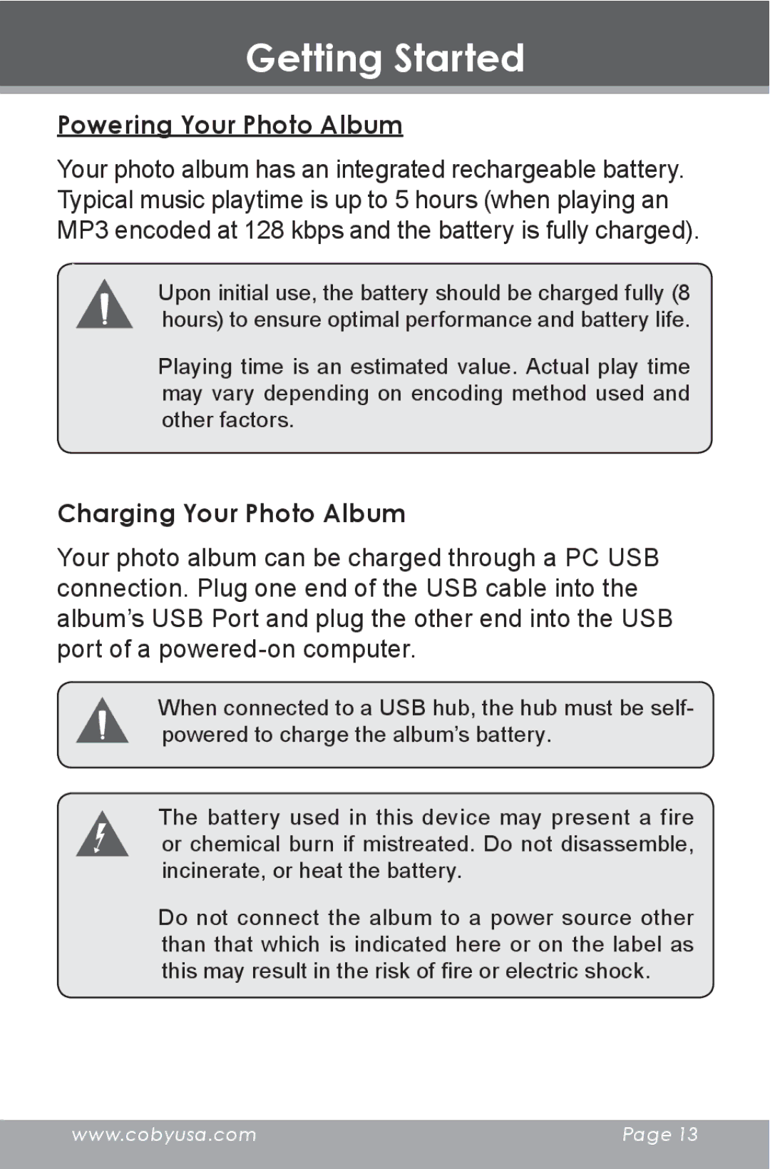 COBY electronic DP-240 instruction manual Powering Your Photo Album, Charging Your Photo Album 